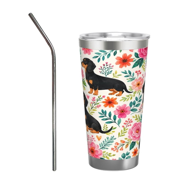 20oz Floral Dachshund Dog Tumbler Insulated Car Cup Cute Puppy Travel Coffee Cup Gift for Women with Stainless Steel Straw