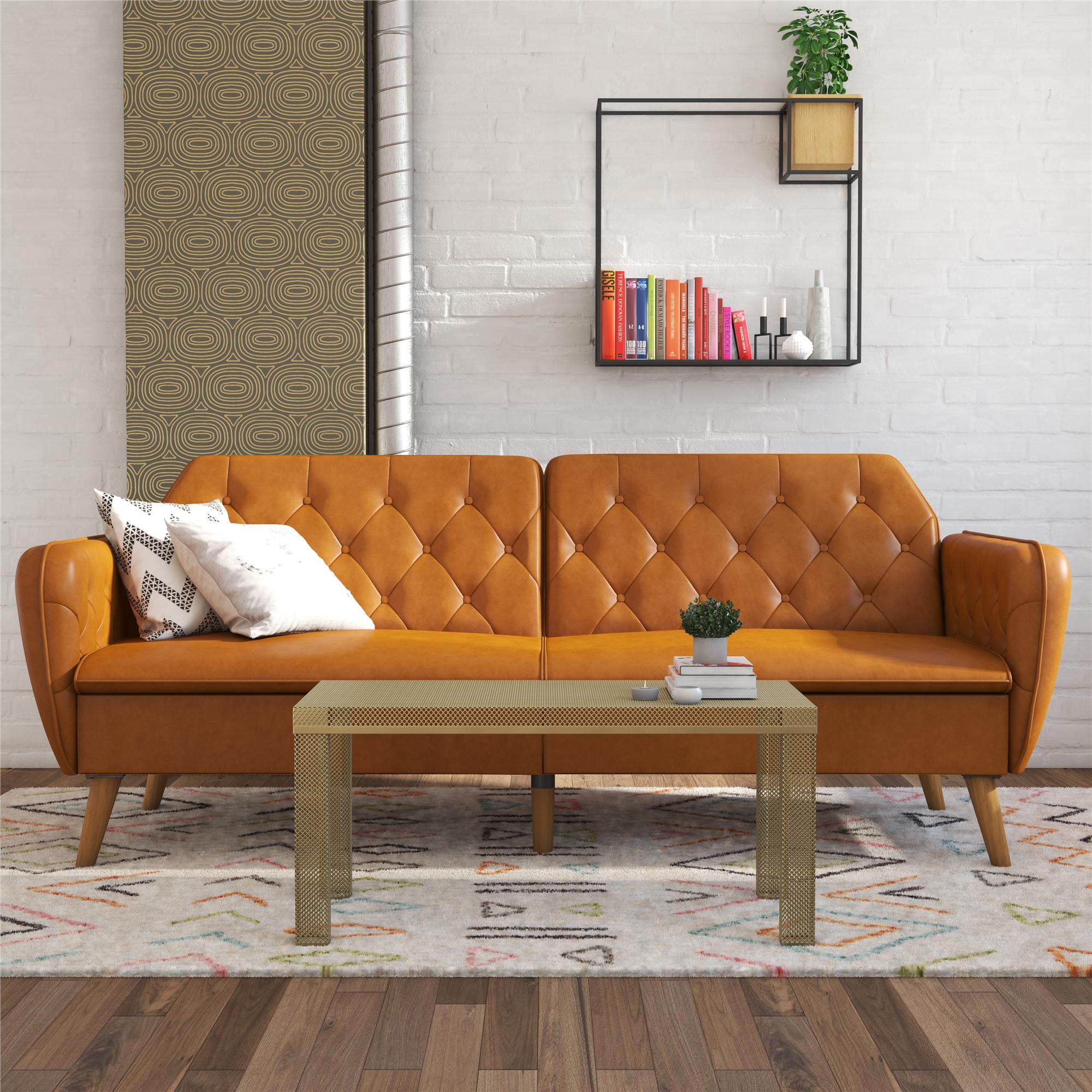 Novogratz Tallulah 83" Memory Foam Futon Sofa Bed, Camel Faux Leather