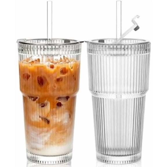 Quivanta 2-Pack 20 oz Ribbed Glass Tumblers with Lids and Glass Straws Vintage Iced Coffee Cups, Reusable Smoothie & Cocktail Drinking Glasses, Clear Glassware for Home or Cafe