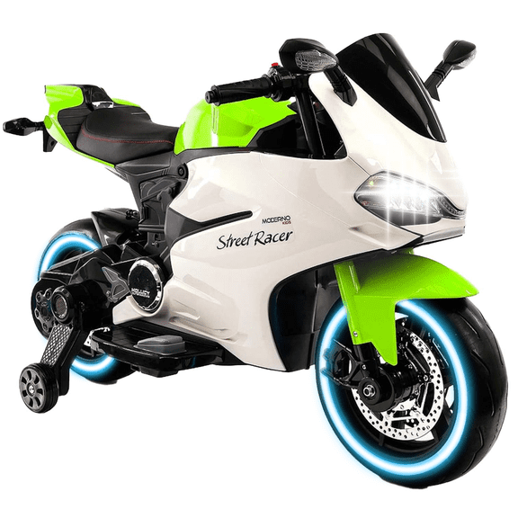 2023 Ride On Kids Big Motorcycle 12V with New Toy Technology, Soft Leather Seat, LED Lights, Training Wheels, 2 Speeds | Licensed Kid Motorcycle to Drive - 3 Speeds, LED Lights, Music - Green