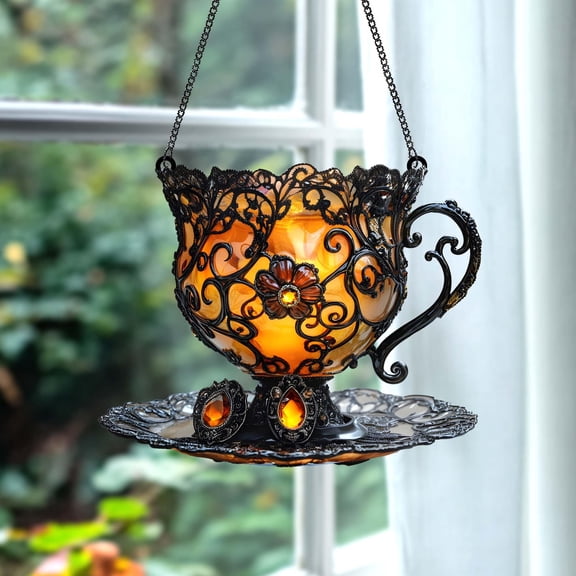 Steampunk Floral Teacup Faux Stained Glass Suncatcher, Acrylic Window Hanging Candlelit Amber Cup Kitchen & Tea Room Collectible Gift Idea