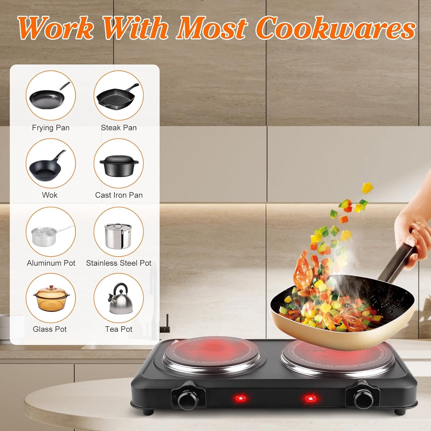 Hot Plates for Countertop, Battery Powered Hot Plate, Electric Hot Plate, 1200w Electric Infrared Single Burner,  Portable Counter Single Stove with 7.5” Glass Cooktop