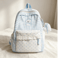 thumbnail image 3 of Women Cute Plaid Lace Trim Backpack, Polka‑Dot Outer Pockets Bookbag, Multi‑Pocket Anti‑Theft For Daily Errands & Shopping (Blue), 3 of 5