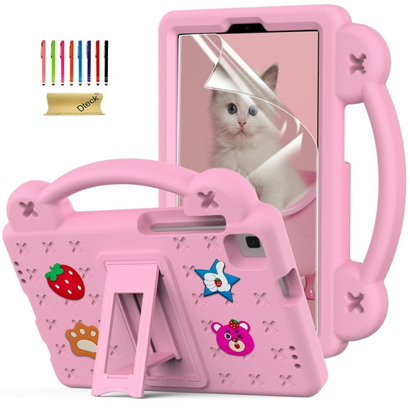 Dteck for Galaxy Tab A7 Lite Case with Screen Protector, Samsung Tab A7 Lite 8.7 Inch Case with DIY Cute Cartoon Toys for Kids, Child Proof Shockproof Protective Case with Handle Stand,Pink
