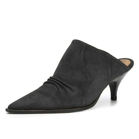 YDN Women Sexy Kitten Low Heel Mules Pumps Pointed Closed Toe Loafers Backless Slip On Sandals Suede Comfort Shoes Size 9 Black