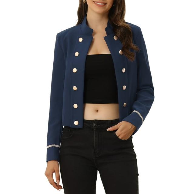 INSPIRE CHIC Veste Steampunk Décontractée pour Femmes avec Col Montant, Boutons Décoratifs, Bleu Marine TP
