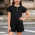 thumbnail image 2 of EnJoCho Girls Summer Outfit 2 Piece Kids Double Sleeve Button T-Shirt Baggy Cotton Elastic Waist Shorts Set Cute Casual Plain Outfit Girls Shirt and Shorts Set Kindergarten Starter Pack, 2 of 6