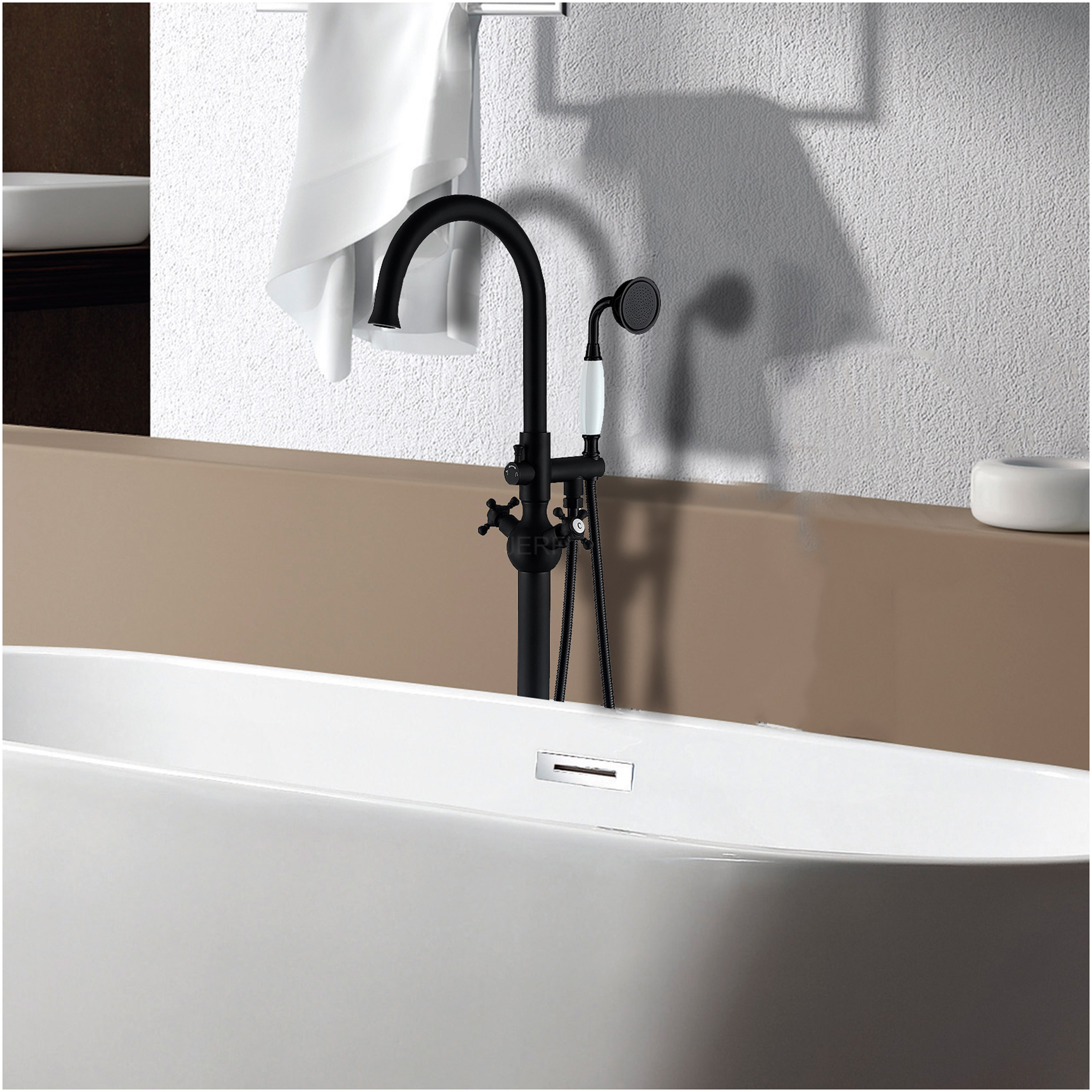 JERFIT Matte Black Freestanding Tub Filler with Hand Shower, 3.9 GPM Modern Bathroom Faucet for Bathtub