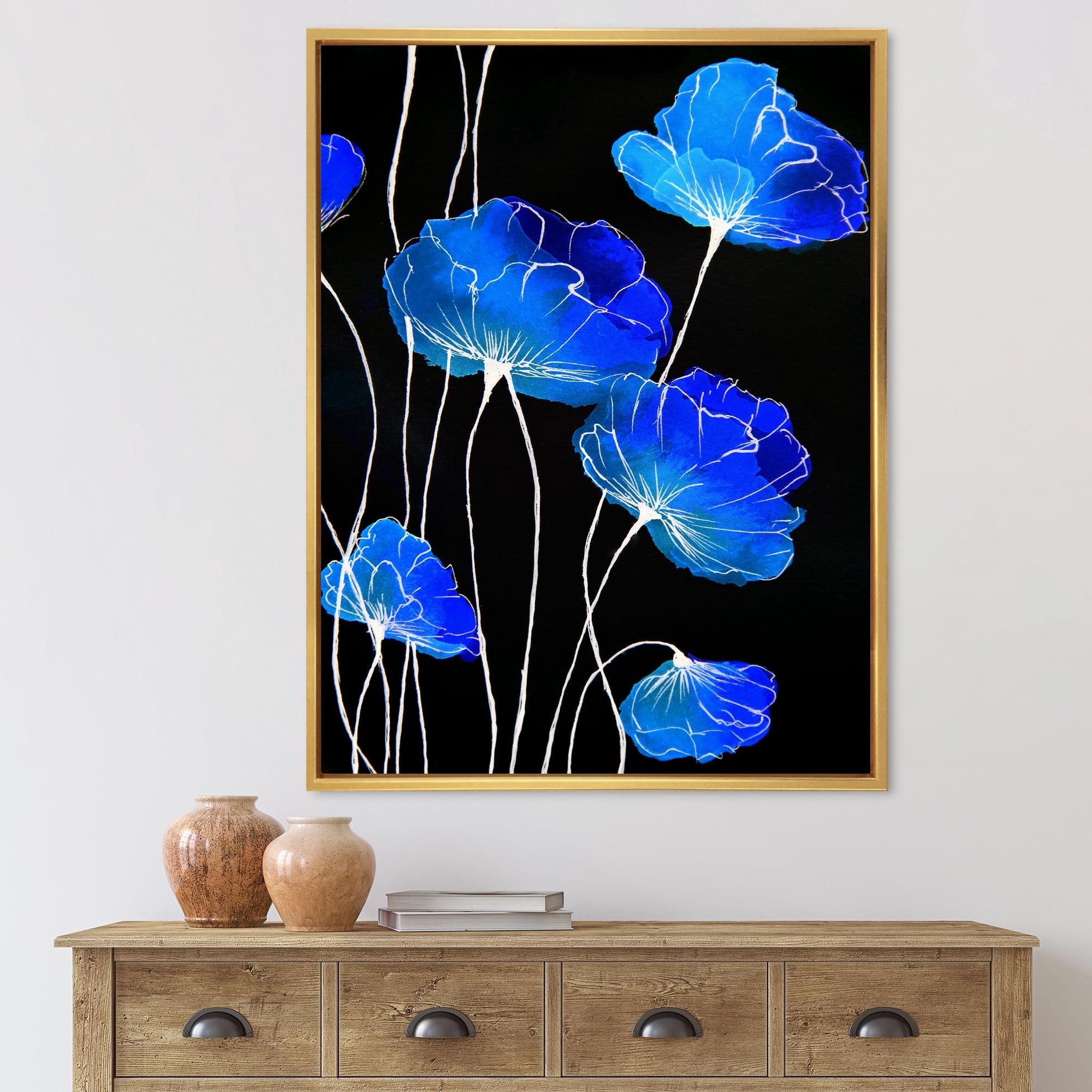 Designart 'Detail of Blue Flowers On Black Background II' Traditional Framed Canvas Wall Art Print