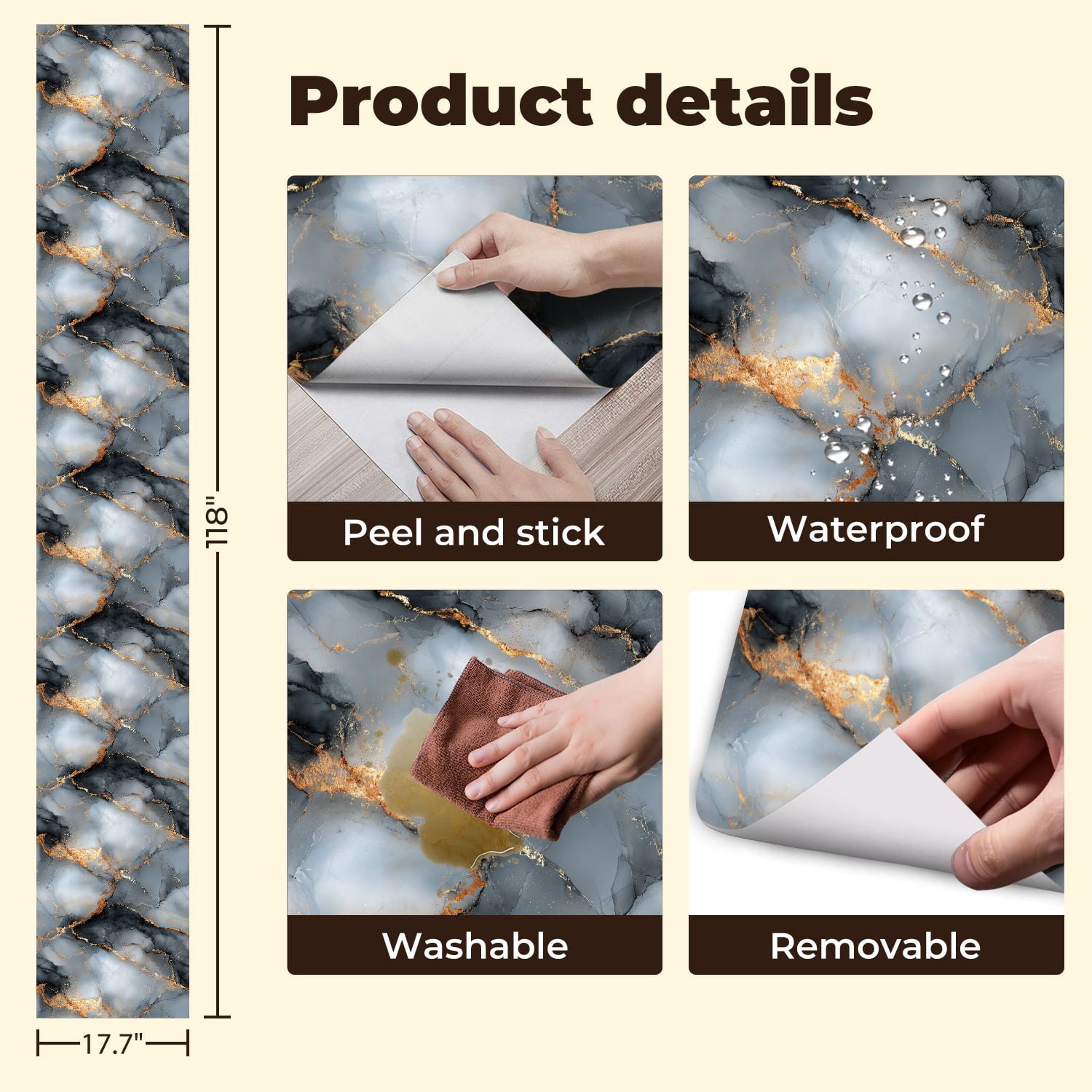 Peel and Stick Wallpaper Abstract Gray Gold Marble Design Cracked Wall Mural 17.7in x 9.8ft Self Adhesive Removable Wall Paper Renter Friendly Wallpaper for Nursery Bedroom Cabinets