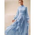 thumbnail image 5 of Womens Baby Blue High Neck Long Sleeve Pleated Maxi Dress With Ruffle Hem, 5 of 6