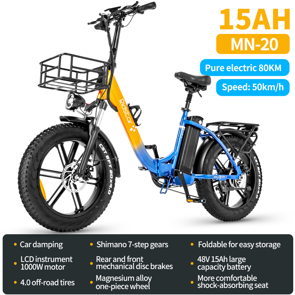 Ridstar Eletric Bike for Adults 1000W 48V 15Ah Removable Battery 20'' Fat Tire Folding Commuting E-Bike Shimano 7-Speed Mountain Bike UL2849