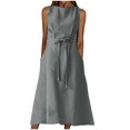 thumbnail image 1 of CHOK Robe en Lin pour Femmes Petites Femmes Été Décontractée Unie Col Rond Sans Manches Longue Robe, 1 of 5