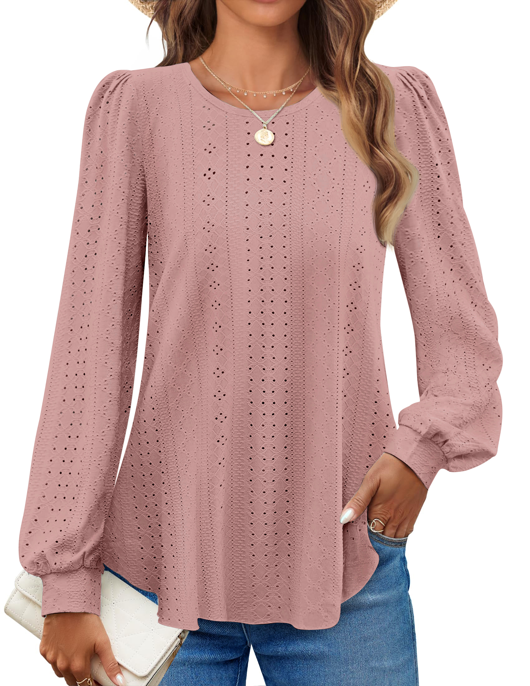 Fantaslook Eyelet Blouses for Women Dressy Casual Long Sleeve Shirts Crew Neck Fall Trendy Tops