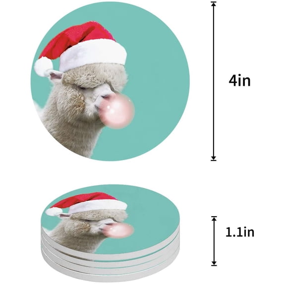 FMSHPON Funny Alpaca Wearing a Christmas Hat Set of 4 Round Coaster for Drinks, Absorbent Ceramic Stone Coasters Cup Mat with Cork Base for Home Kitchen Room Coffee Table Bar Decor
