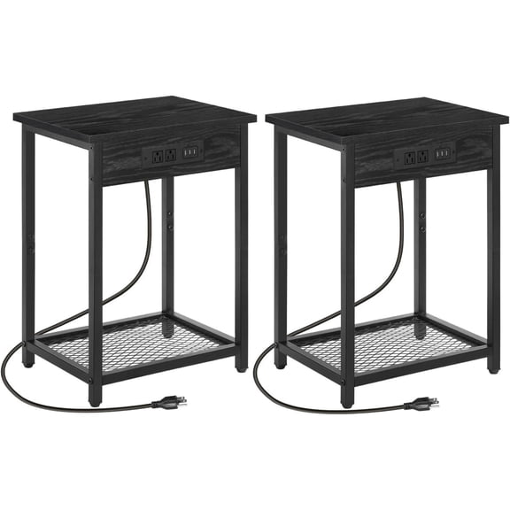 Nightstands Set of 2, with USB Ports and Outlets, 2 Tier Bedside Table, Narrow End Table with Storage Shelf, Side Tables for Bedroom, Living Room, Black