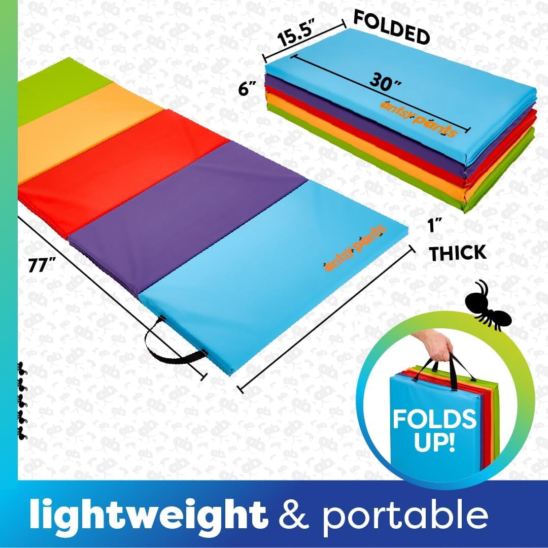 Antsy Pants Tumbling Mat – Gymnastics Mat, Easy to Clean, Sturdy, Foldable Tumbling Mat for Kids, Padded, Portable, Carrying Handle, Gymnastics Equipment for Activity Play, Vibrant Colors
