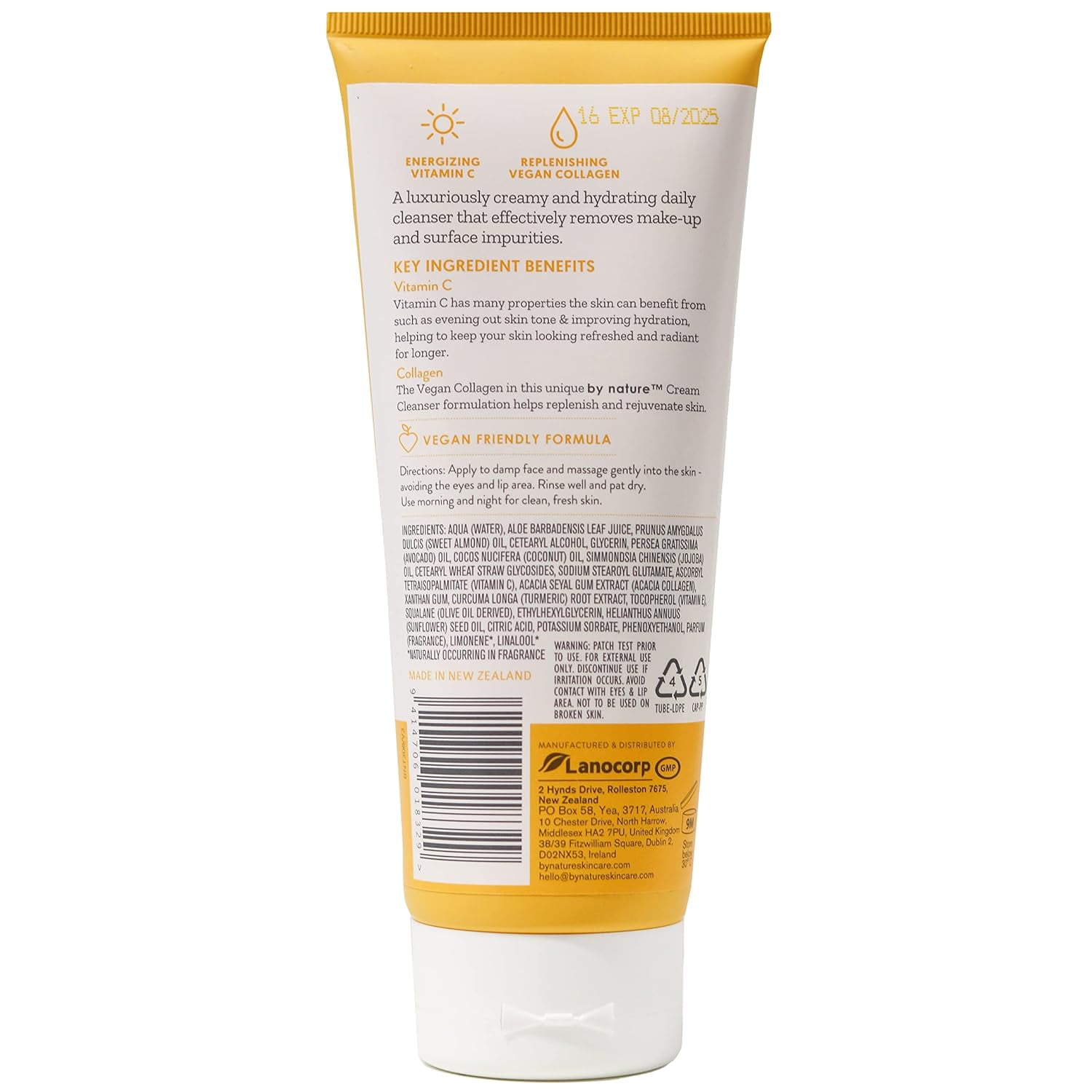(6 pack) By Nature From New Zealand Vitamin C, Collagen Brightening, Hydrating Cream Cleanser for Dry Skin