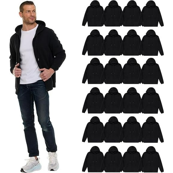 BILLIONHATS 24 Pack Adult Zippered Hoodies For Men & Women Classic Fit Unisex Hoodie Sweatshirt in Bulk, Black Color, ASSORTED SIZES Ideal For Homeless Shelter Donations Events