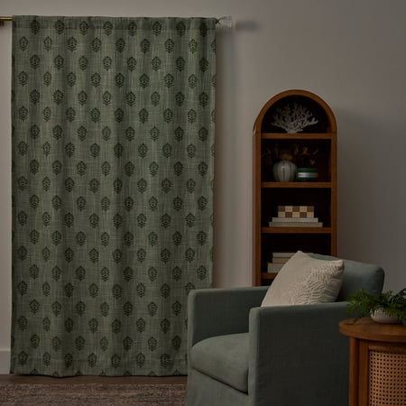 BETTER HOMES & GARDENS FLORAL BLOCK PRINT BLACKOUT SINGLE CURTAIN PANEL, GREEN, 50″W X 84″L