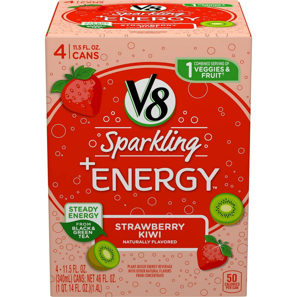 V8 Sparkling +Energy, Healthy Energy Drink, Natural Energy from Tea, Strawberry Kiwi, 11.5 Ounce