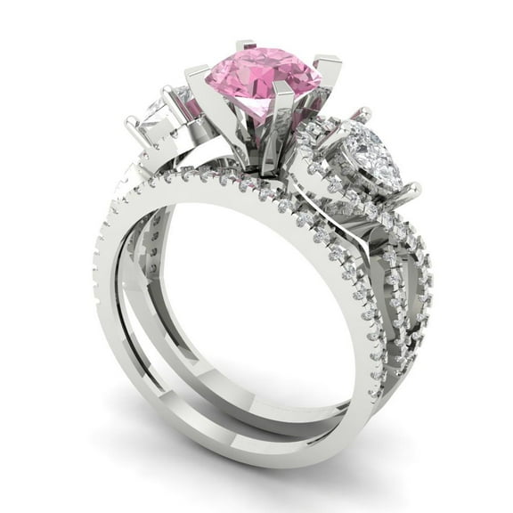Clara Pucci 18K White Gold 1.925 Simulated Pink Diamond Engraveable Engagement Ring   Wedding Band Set