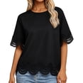 thumbnail image 2 of Women's Summer Solid Color Lace Short Sleeve Crew Neck T-Shirt Top, 2 of 5