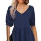 thumbnail image 3 of Blusa de manga corta con cuello en V para mujer, blusa de manga corta con volantes de Color puro a la moda para verano, azul marino S, 3 of 5