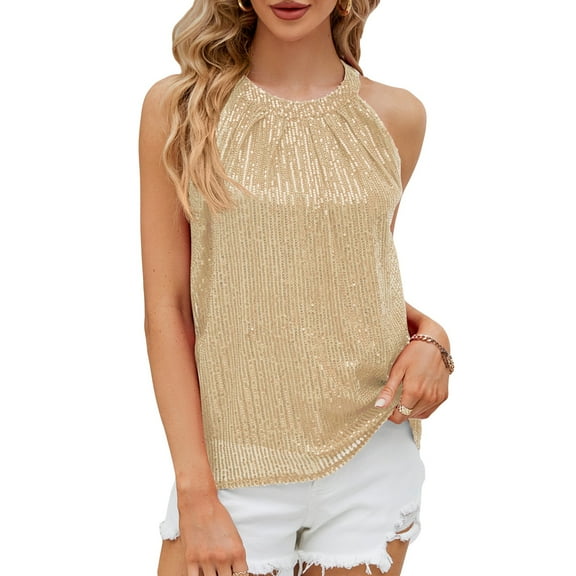jinghuiyue Womens Sequin Halter Tops Sparkle Shimmer Tanks Tops Sleeveless Shiny Ruched Sparkly Glitter Party Shirt Country Concert Disco Outfits M