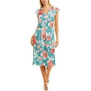 Adrianna Papell V-Neck Short Sleeve Tie Back Floral Print Jersey Dress-GREEN MULTI / 6