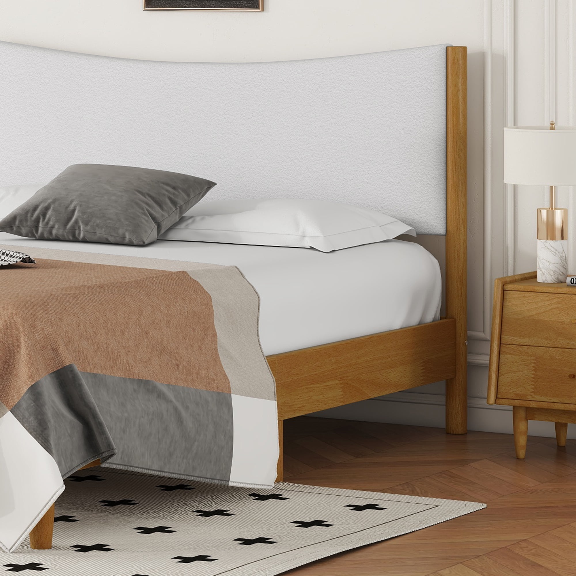 Aukfa Queen Size Bed Frame, Rubber Wooden Platform Bed with Teddy Upholstered Headboard, Oak