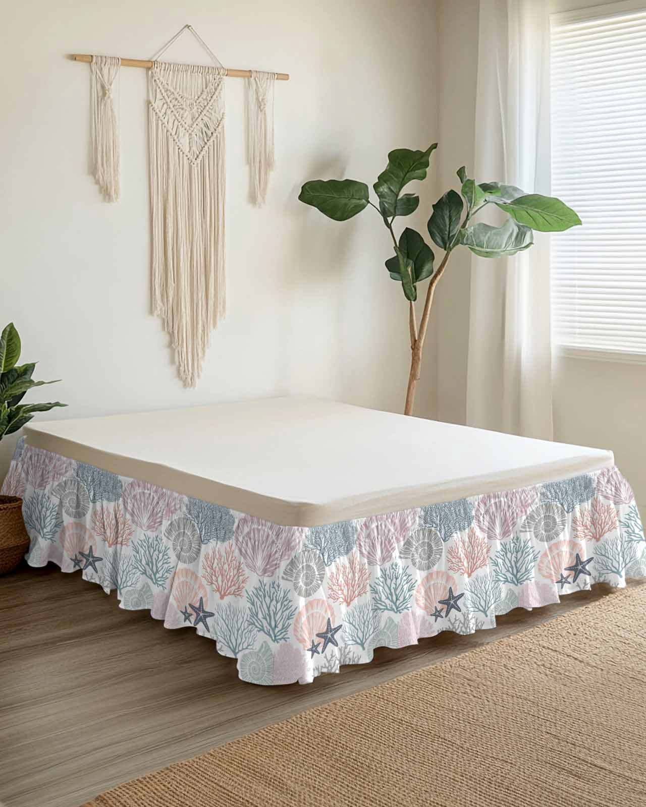 Coastal Starfish Wrap Around Bed Skirts for King Bed 18" Drop,Bed Skirt with Adjustable Elastic Belt Dust Ruffle Bed Valance for Bedroom Hotel Ocean Multicolor Coral Shell Conch Bed Frame Cover