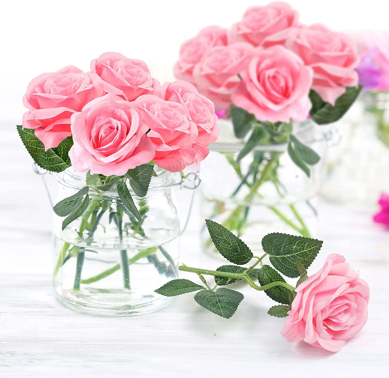 Mocoosy 12PCS Pink Roses Artificial Flowers for Decoration, Pink Fake Silk Roses Single Stem Flowers Artificial Bouquet for Wedding Birthday Party Arrangment Centerpiece Home Table Decor