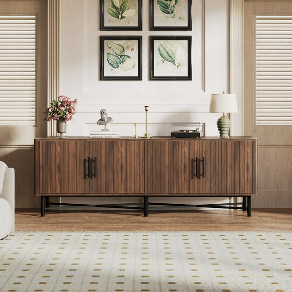 66'' Farmhouse TV Stand with 2 Storage Spaces, 4 Doors Entertainment Center with Adjustable Shelves, TV Consoles Cabinet for Living Room Bedroom, Chestnut