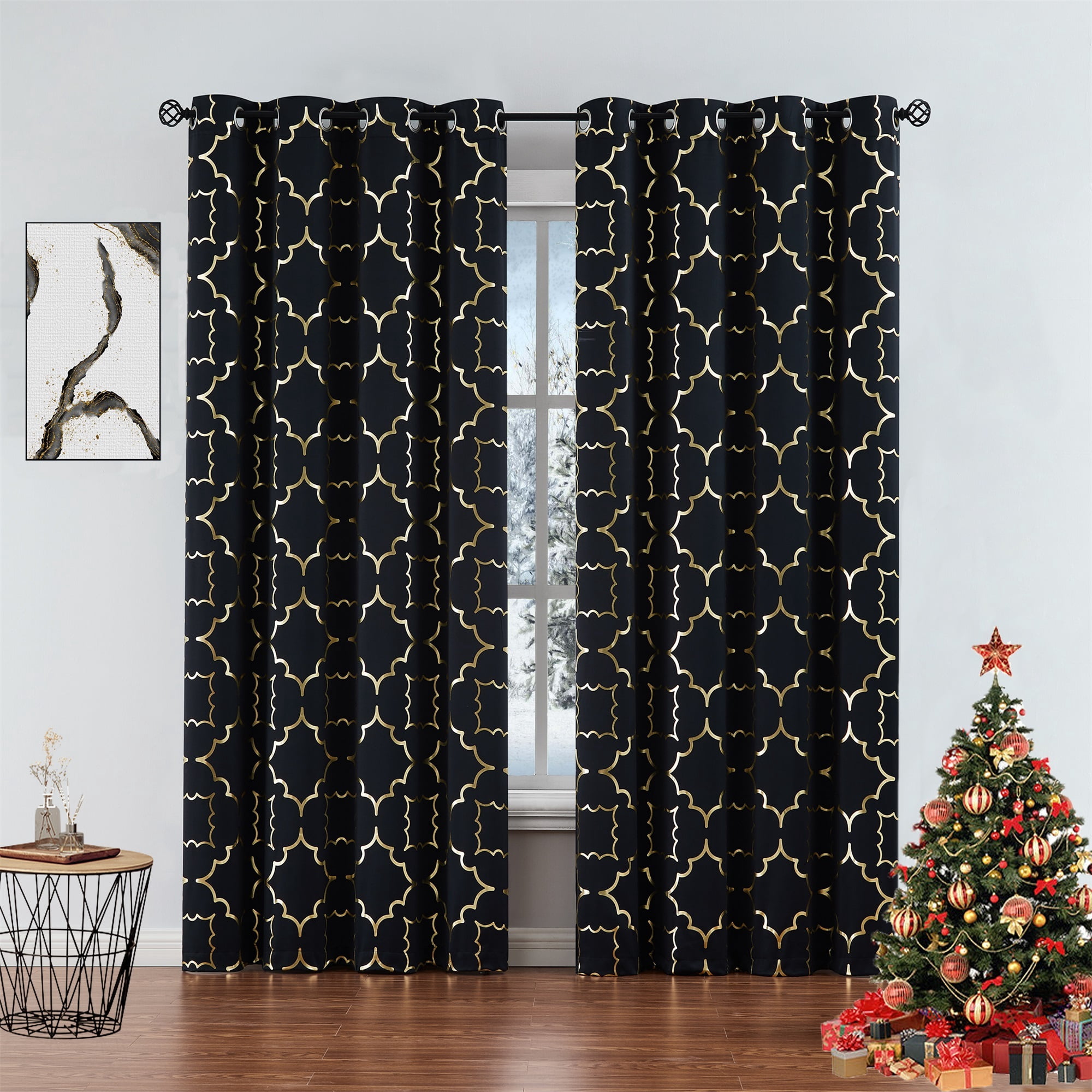 Junvictex Gold-Black Blackout Grommet Curtain for Bedroom 52"Wx84"L Foil Metallic Print Energy Efficient Drapes,2 Panels
