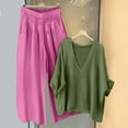 thumbnail image 2 of Enjoytime Travel Outfits for Women Solid Color V-Neck Long Sleeve Shirts Loose Pants 2 Piece Set Fashion Casual Loose Loungewear Sets Woman Hot Pink L, 2 of 5