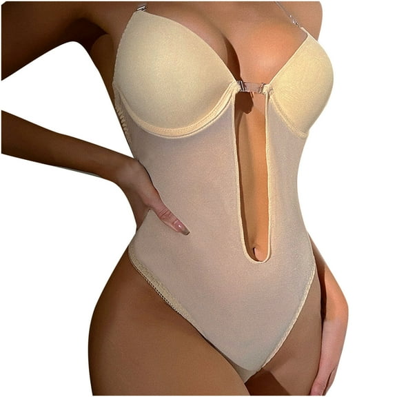 Fesfesfes Woman's Bodysuit Chest Cushion Comfortable Shapewear Tummy Control High Waist Jumpsuit Mesh Hollow Out Underwear