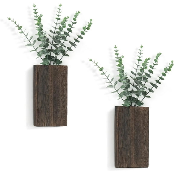 2 Pack Wood Wall Planter Vase withArtificial Eucalyptus Farmhouse Wall HangingDecor Pocket Planter for Indoor Fake PlantsGreenery, Living Room Bedroom Kitchen HomeOffice Decoration