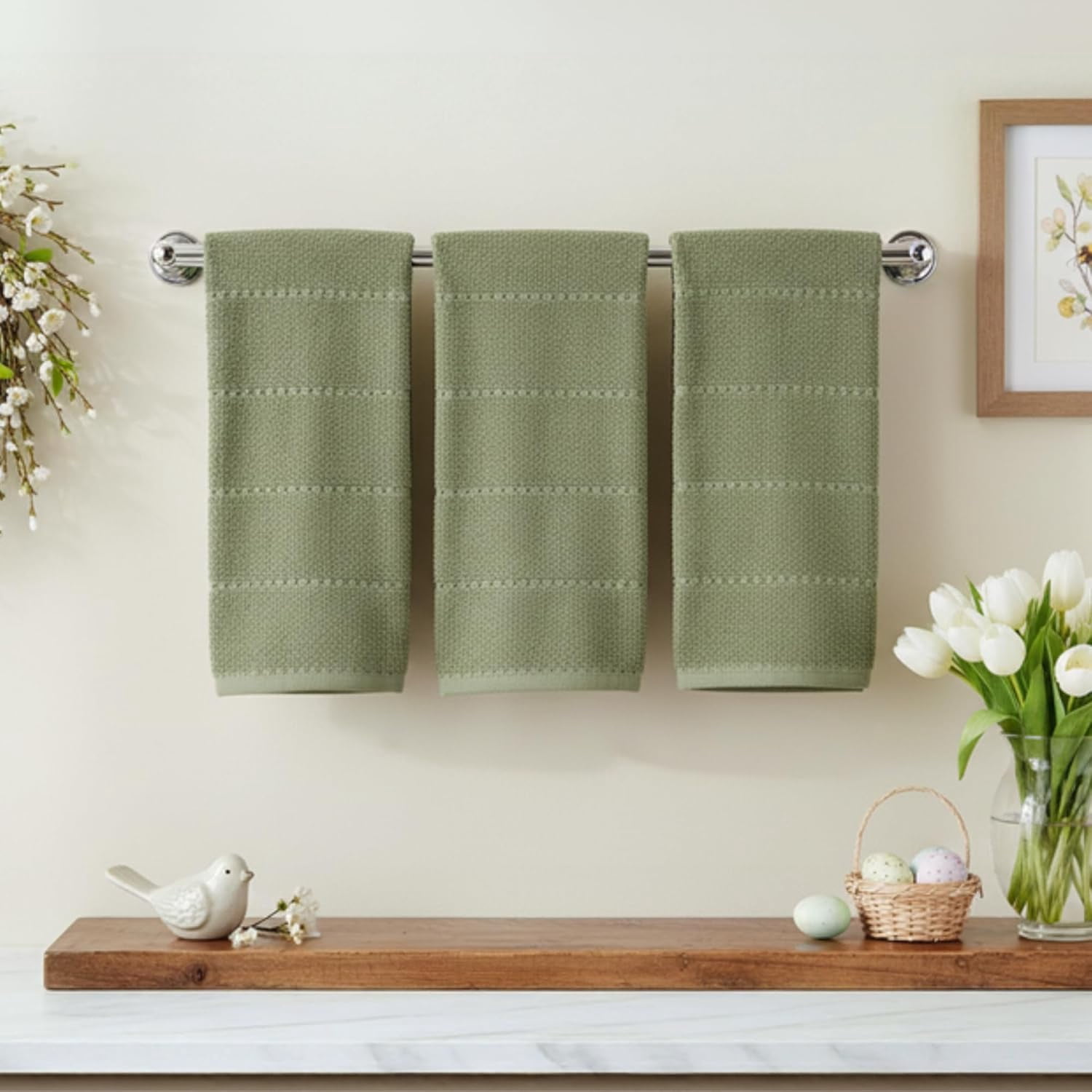 JJEAN-Dark Sage Green Kitchen Hand Dish Towels: Oversized 28" x 18",100% Cotton Cloth Soft Cleaning Drying Absorbent Textured Design, Set of 3 Multipurpose for Everyday Use (Dark Sage)