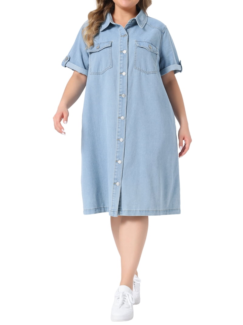 agnes denim dress Orinda Women's Plus Size Dresses Button Down Lapel Short Sleeve Midi Summer Casual Denim Jean Shirt with Pockets 1X Dark Blue Irena Denim Pinafore Dress Wedding Dress Samples size denim dress offers Size:34 XS Denim overall dress outfit