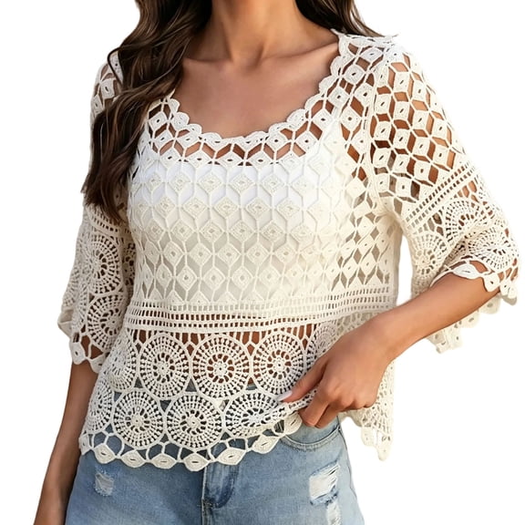 Kcolen Women Cover Ups for Swimwear Summer Boho Hollow Out Knit Cover Up Tunic Top Loose Fit Beach Swimwear Dress