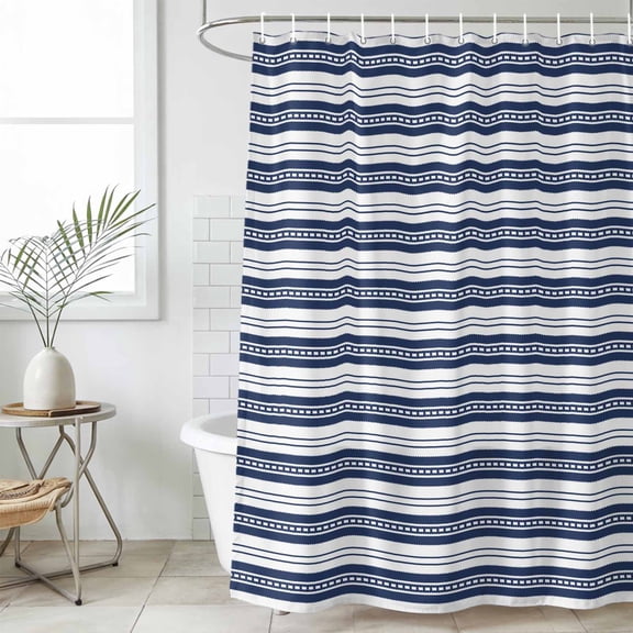 Navy Blue Striped Waterproof Fabric Shower Curtain,Farmhouse Striped Geometric Art Waterproof Fabric Shower Curtain for Bathroom Curtains Bathtubs Hotel Shower Curtains with 12 Hooks Small 36x72in