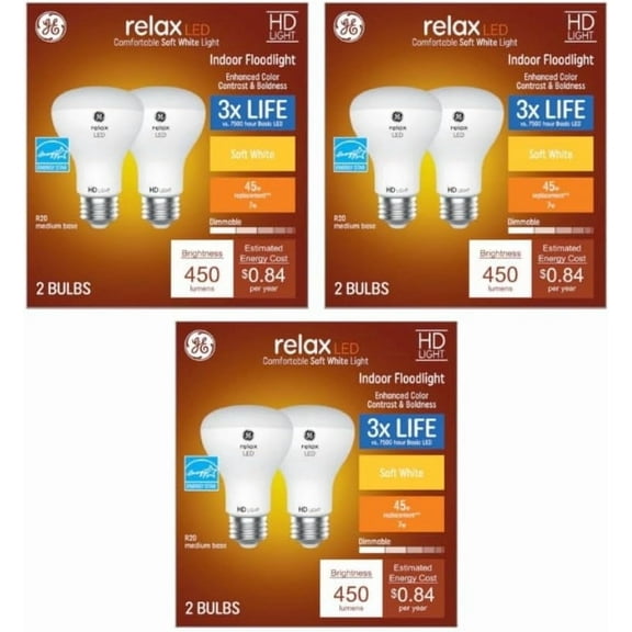GE Relax Indoor Flood Light Bulb R20 Dimmable, 450 Lumens, 45W Equivalent, Soft White, 6-Pack