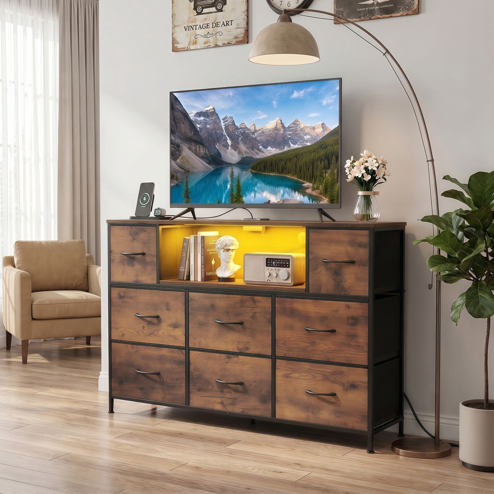 BEAUTYPEAK TV Stand Dresser with 8 Fabric Drawers LED Light Open Shelf AC & USB-C Charging Station, Rust