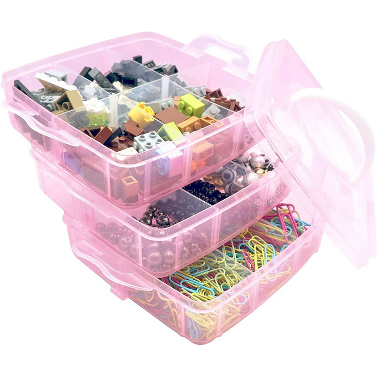 Casewin Stackable Craft Organizer Box, 3-Layer Small Storage Container  Case, with Adjustable Compartments for Beads, Crafts, Jewelry, Fishing  Tackle,Pink 