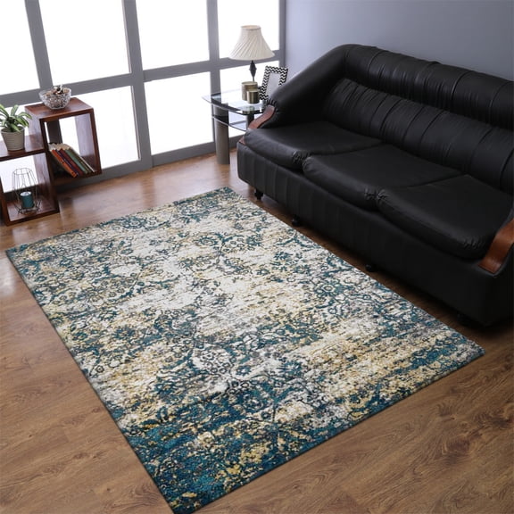 Rugsotic Carpets Machine Made Heatset Polypropylene Area Rugs - 8'X10', Rectangle, Ivory Blue, Abstract Modern Design, High Pile Machine Made Area Rugs For Living Room, Bed Room (Mx0006)