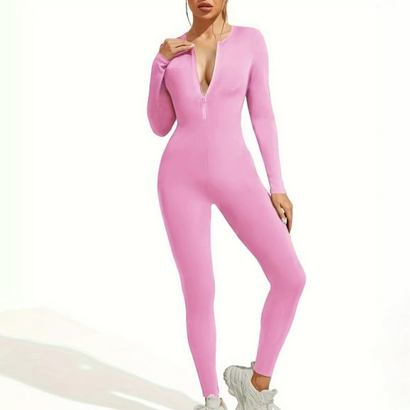 FRSASU Women Long Sleeve Workout Jumpsuit Zip up Romper Bottom Pants Bodysuit Bodycon Casual One Piece Pink