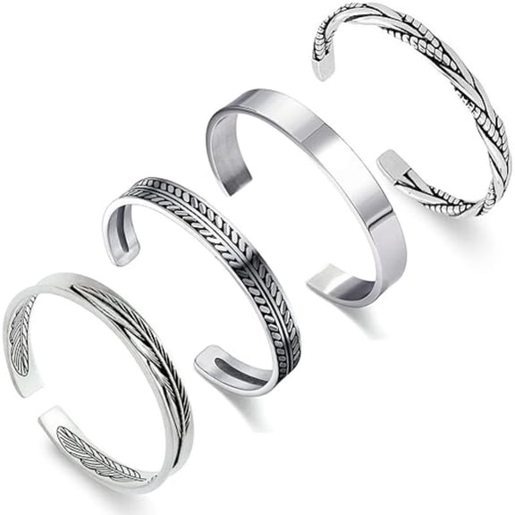 4Pcs Men's Cuff Bracelets Set, Stainless Steel Leaf & Twisted Design, Adjustable Open Cuff Bangle, Fashion Jewelry Gift Box for Him (Birthday, Christmas)