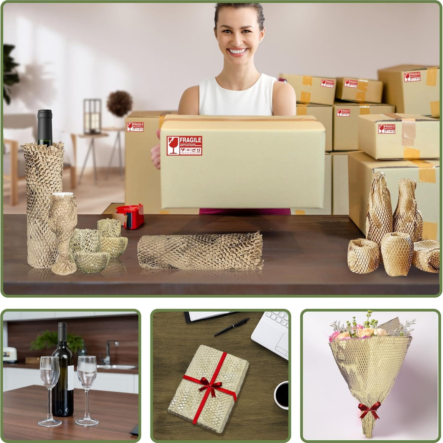Honeycomb Packing Paper Wrap 15''x500', Substitute Alternative for Bubble Cushioning Wrap for Moving Shipping Packaging, Recyclable Moving Supplies with 60 Fragile Sticker Labels