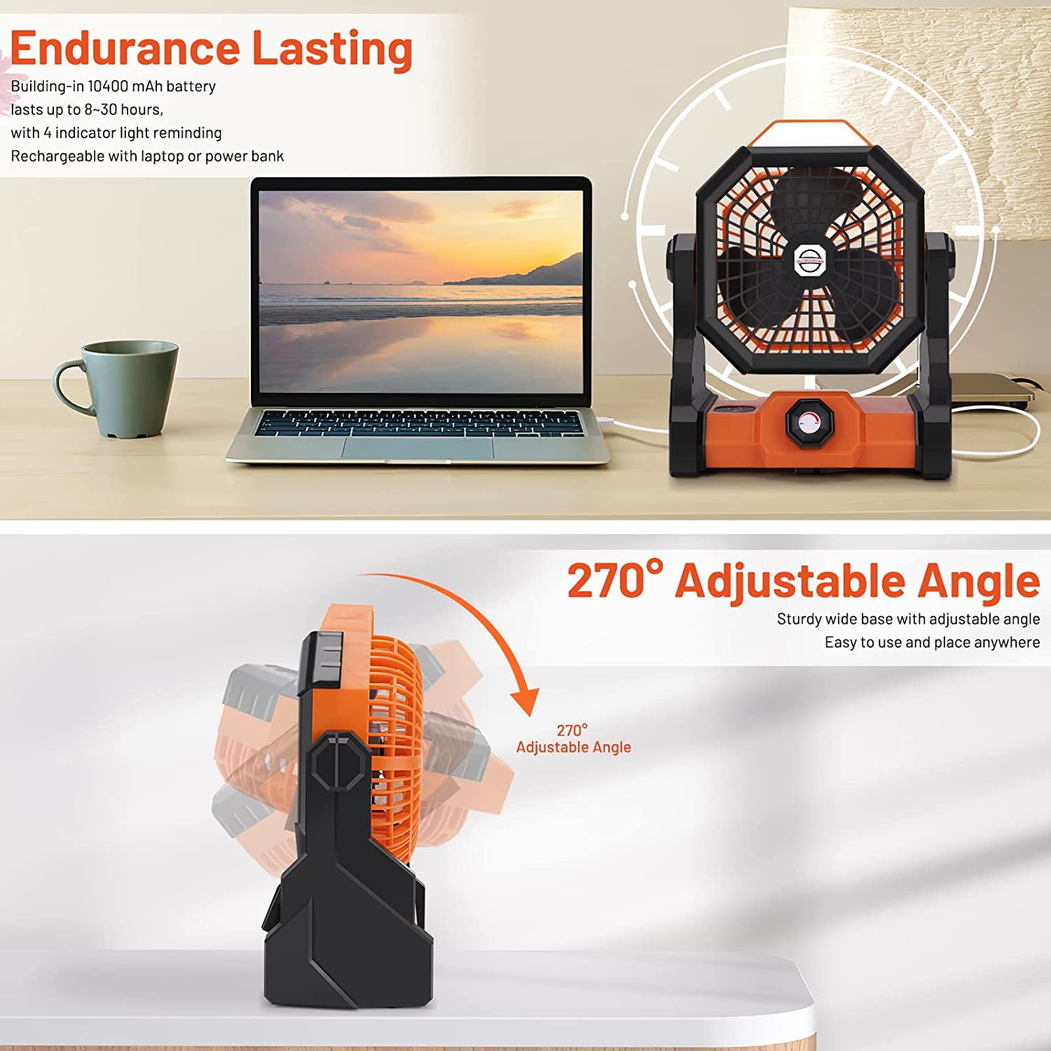 TJWLP Camping Fan Rechargeable, 10400mAh Portable Battery Operated Camping Fan for Tents, Hangable USB Silent Camping Fans with LED Lantern, Suitable for Fishing, Camping, Bedroom, Workplace